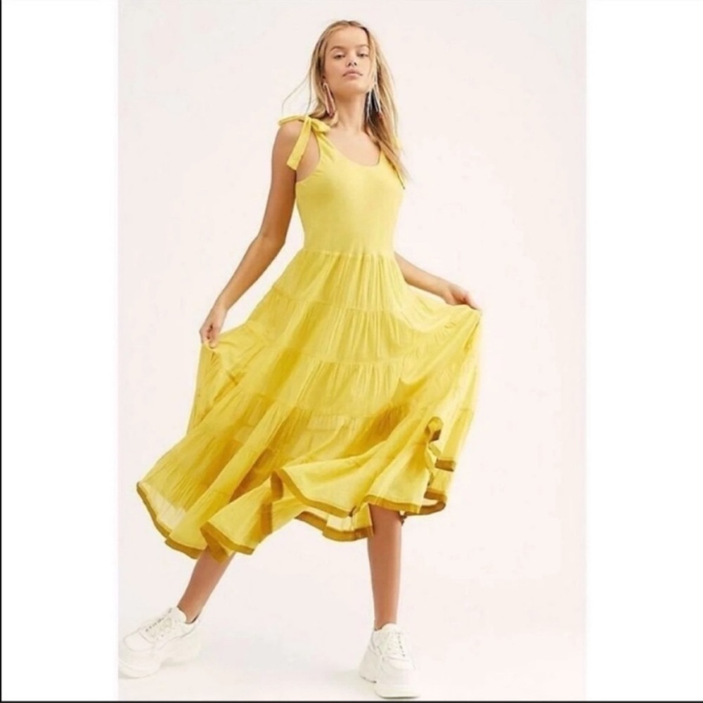 FREE PEOPLE Kikas Maxi Dress Tiered Boho Shoulder Strap Sleeveless Yellow Medium